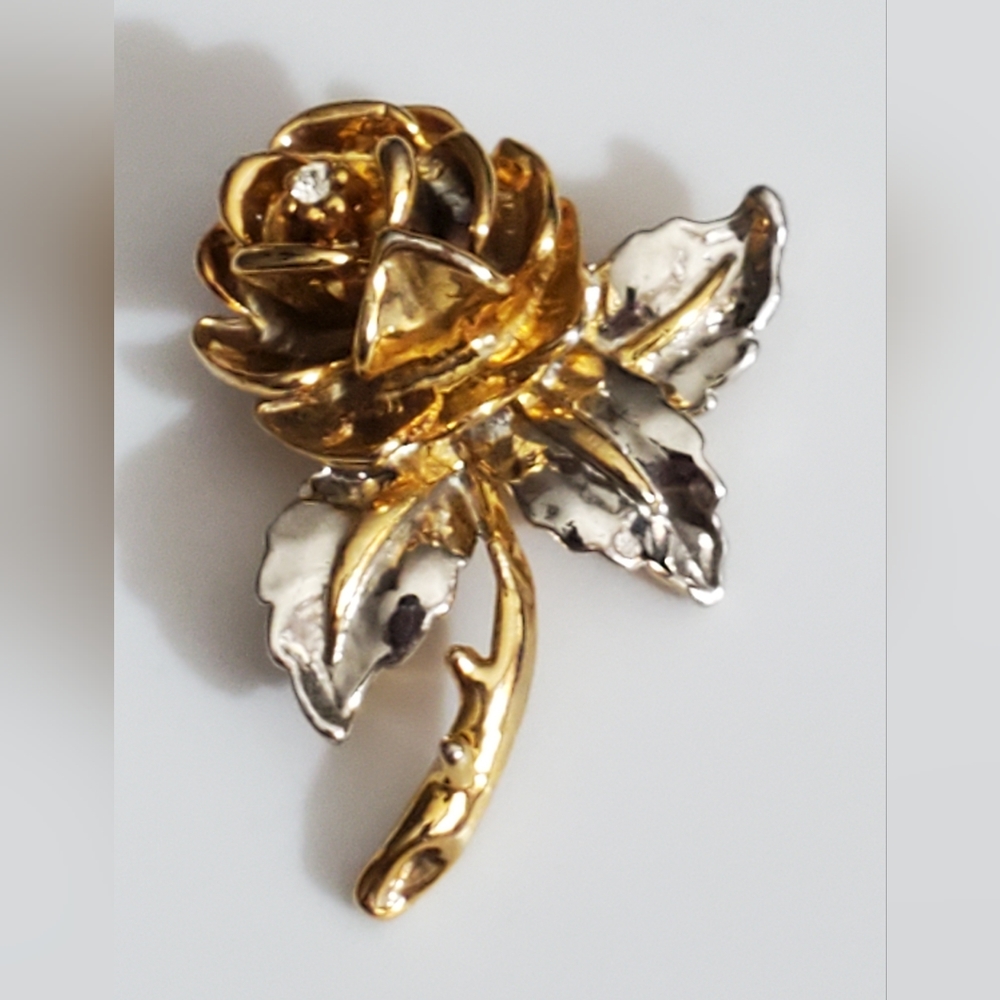 Vintage rose brooch silver & gold 3D Valentine’s gift estate 60's 70's rhineston